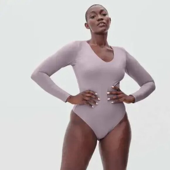 The Long Sleeve V-Neck Bodysuit (Thong) - Dusty Lavender - Picture 1 of 3